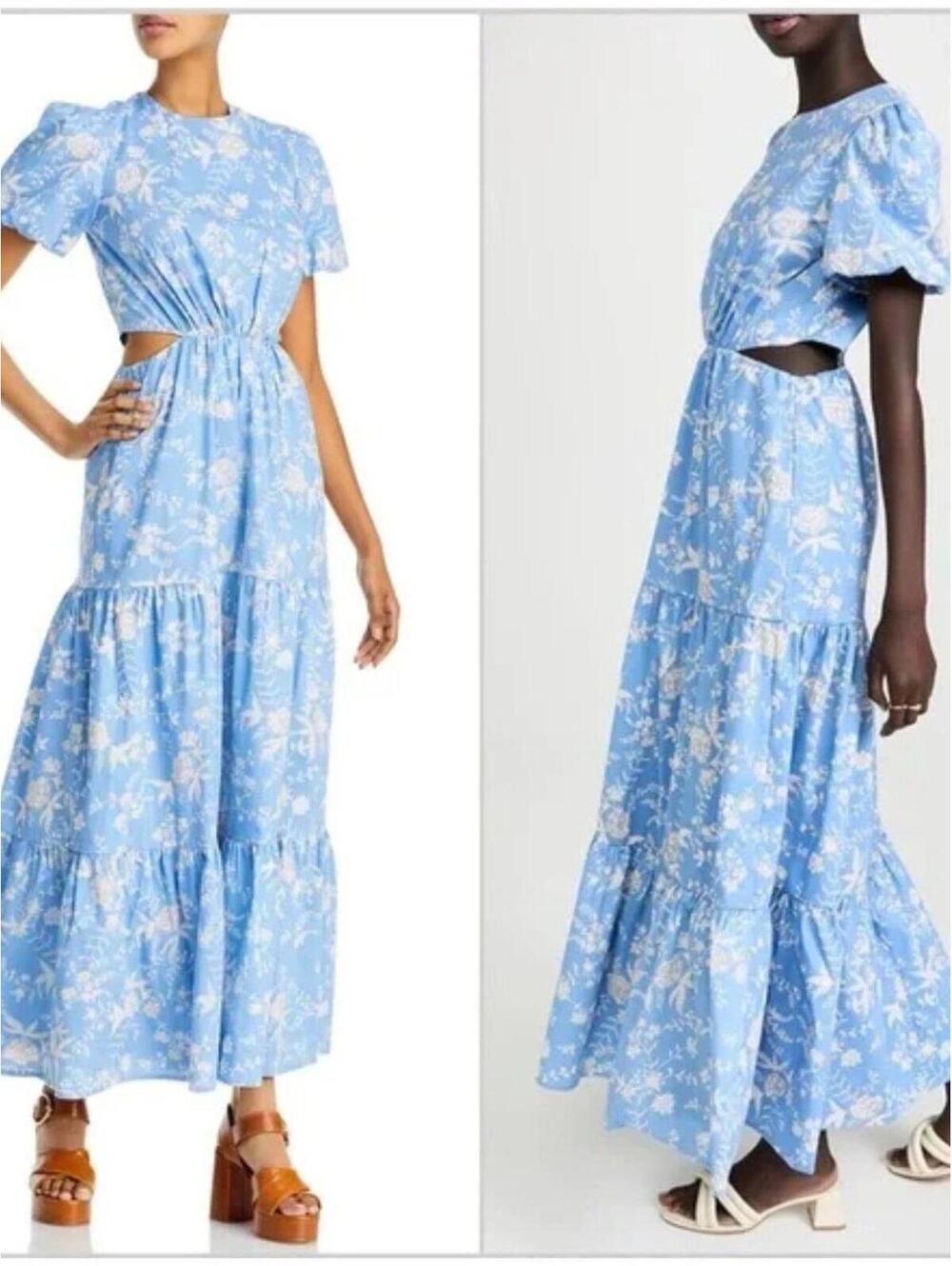 WAYF Plaza Toile Floral Tiered Maxi Dress Sky Blue Cutout XS NWT